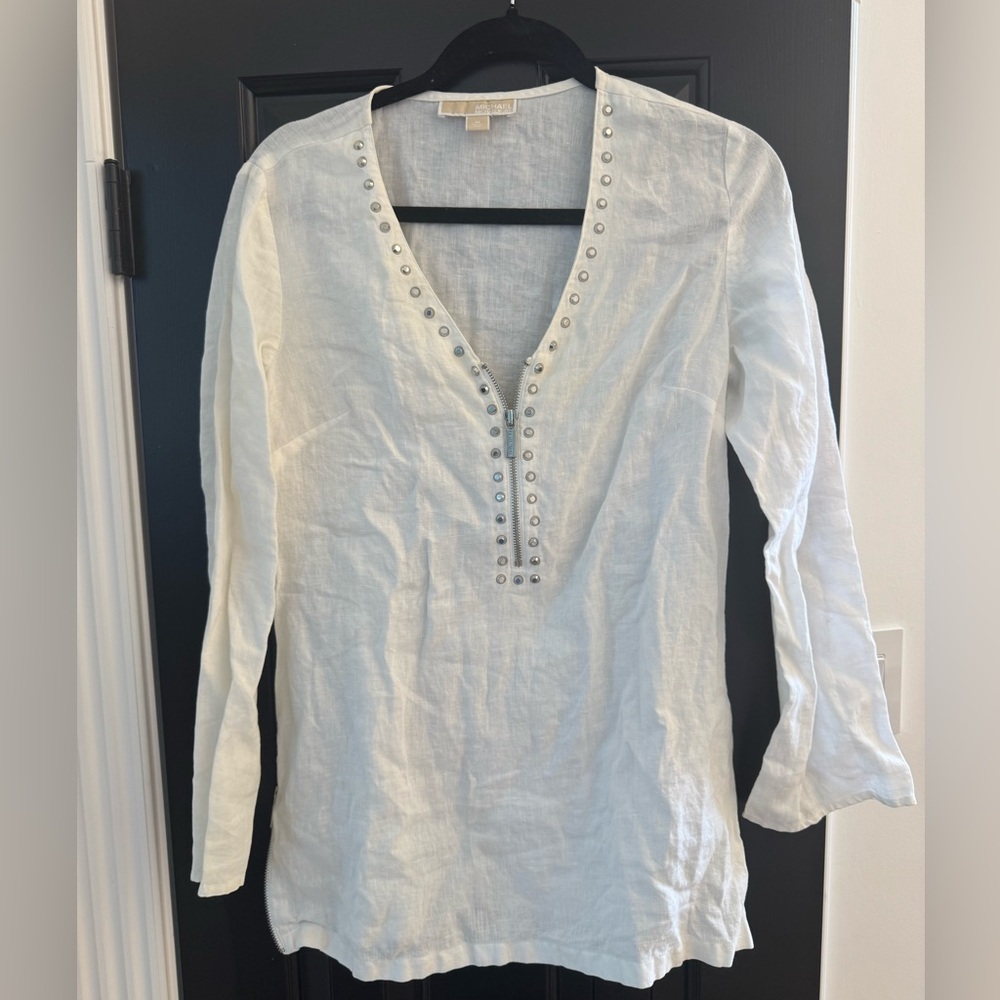Michael Kors White Long Sleeve Swim Cover/Tunic w/Silver Detailing